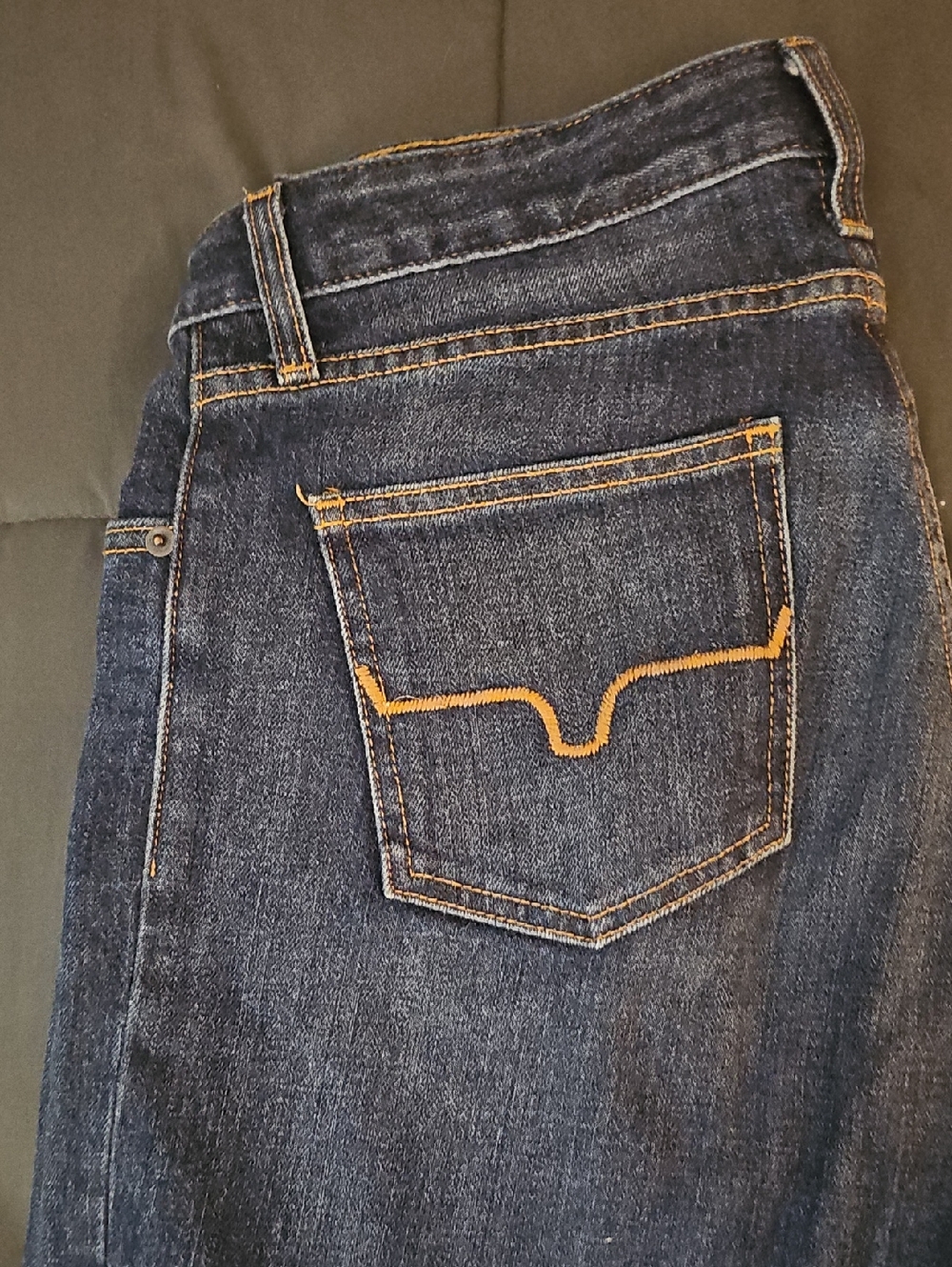 Kimes Ranch Women's Dark Blue Wide Leg Jeans with Contrast Gold Stitching